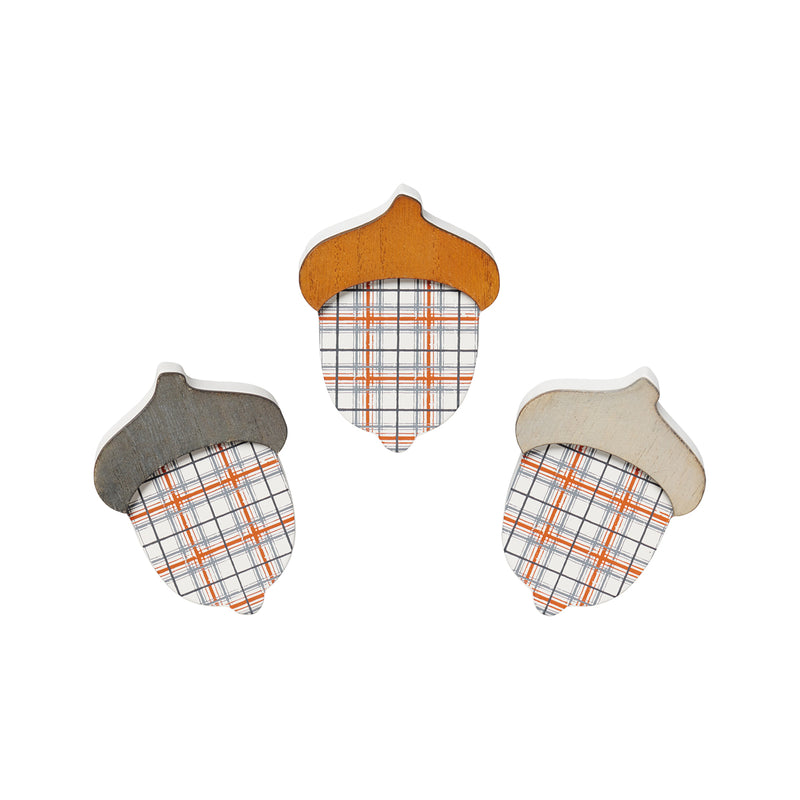 CA-4955 - Lg. Or/Gry Plaid Acorns, Set of 3