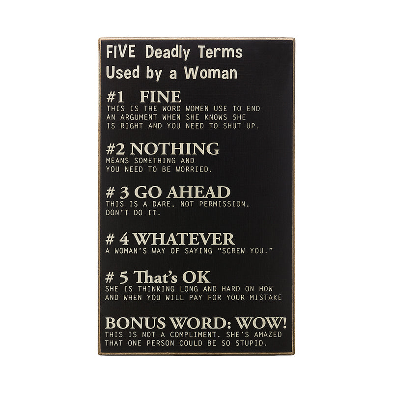 Five Deadly Terms by Woman Sign